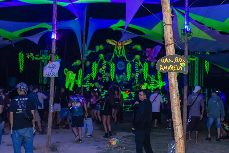 Público caminhando pela decoração à noite